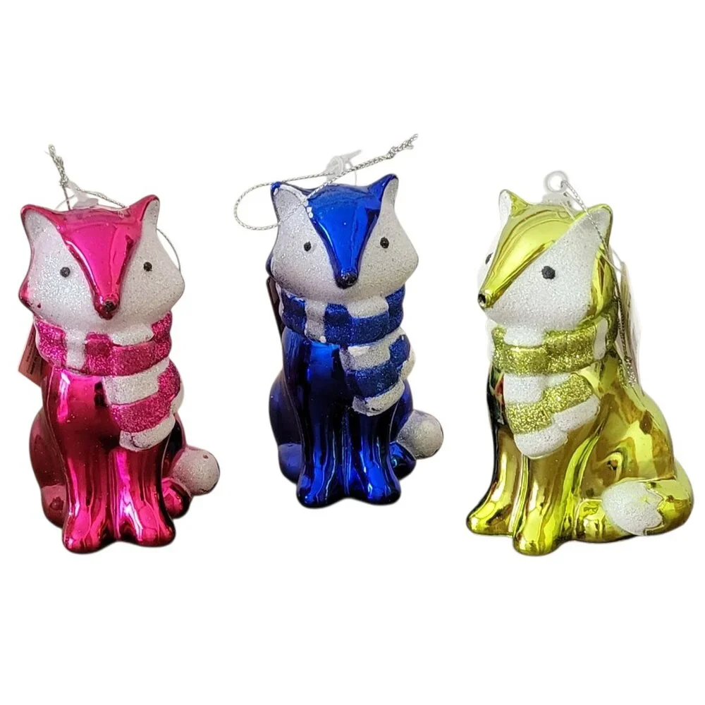 Holiday Time Set of 3 Fox with Glitter Scarf Shiny Christmas Ornaments NEW
